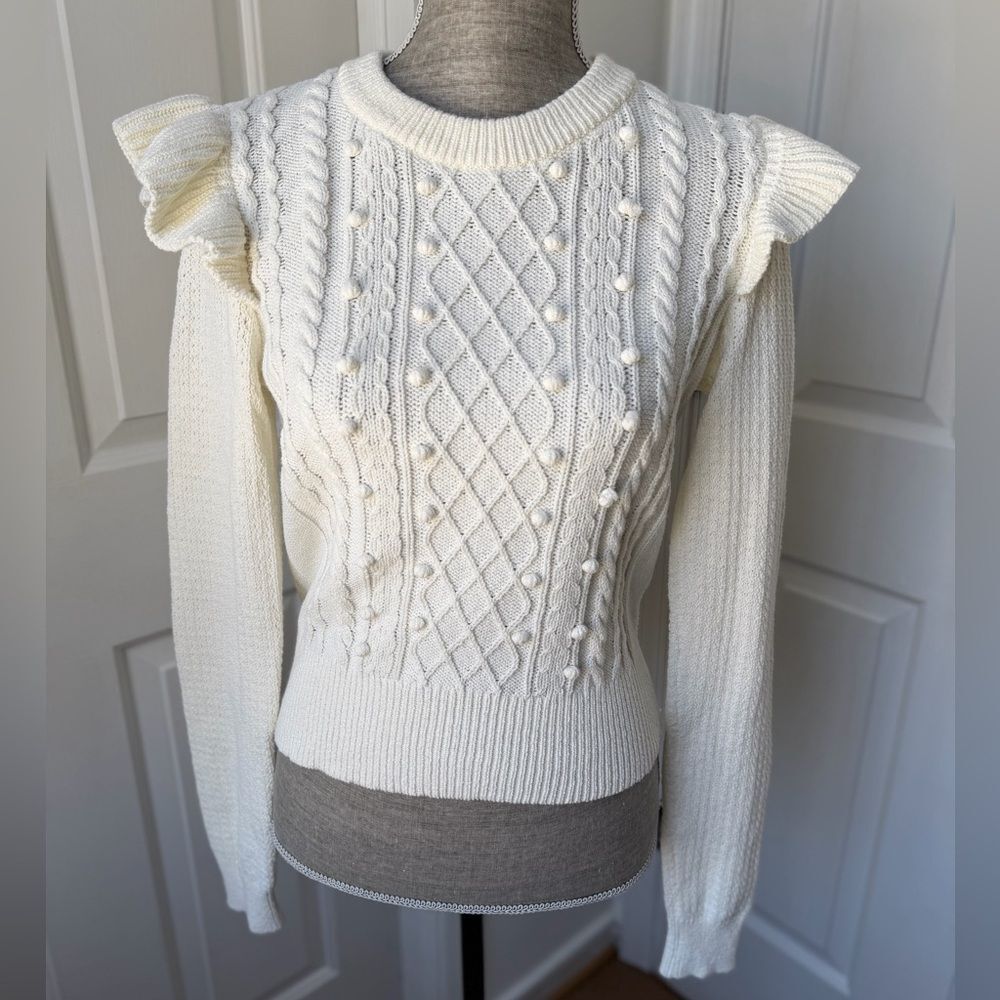 Veronica Beard Earl Ruffled Cable-Knit Cotton-Blend Sweater In Ivory Small